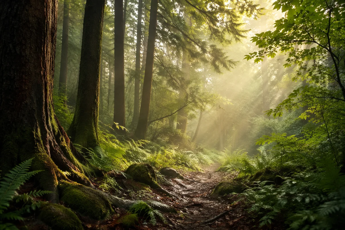 Misty Green Forest Clearing After Rain