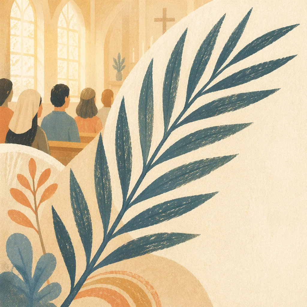 Green Palm Branches on Wooden Pew
