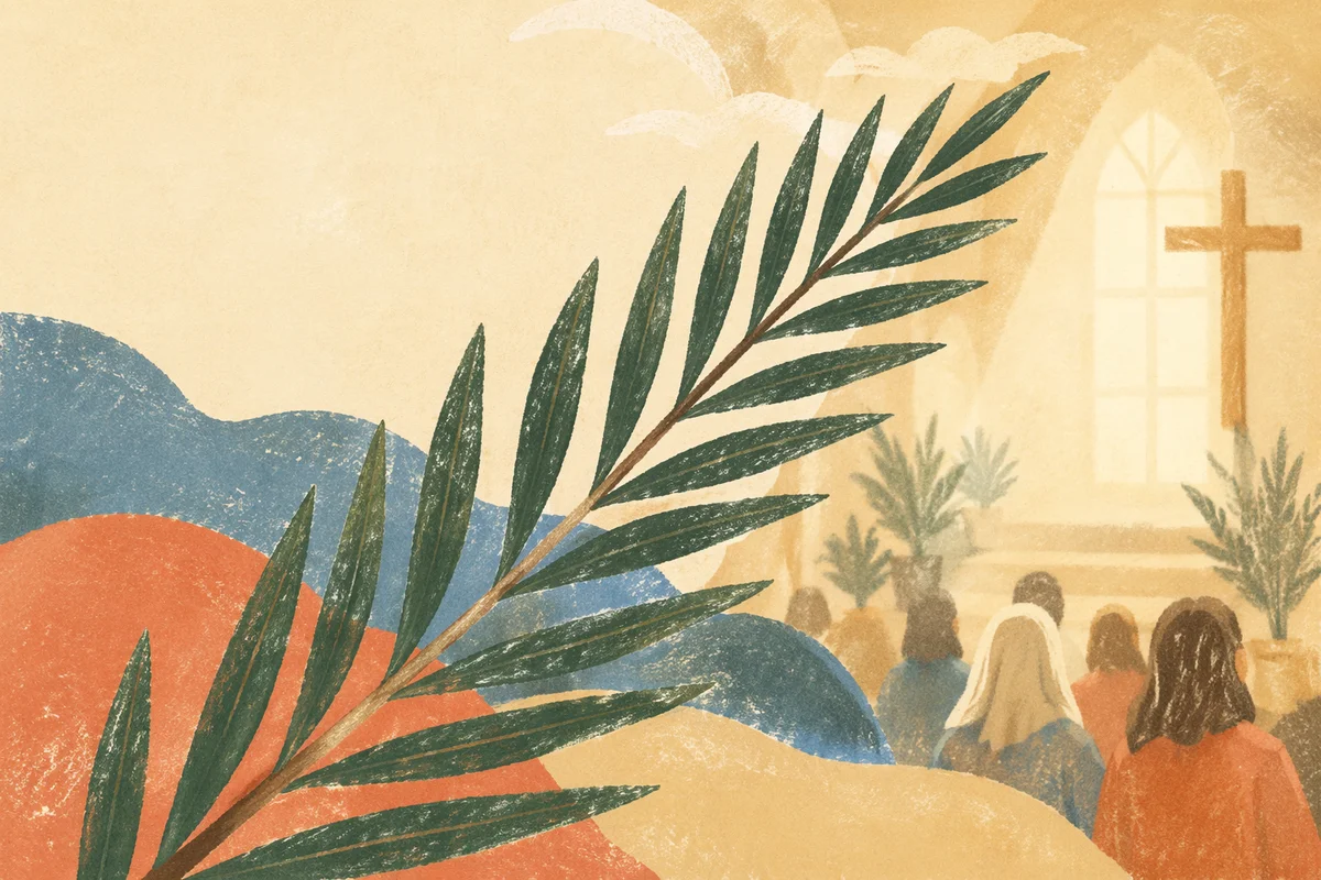 Green Palm Branches on Wooden Pew