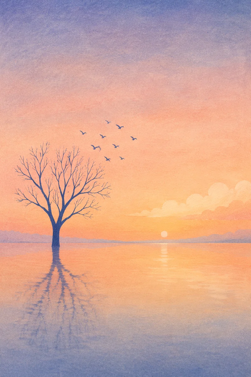Pastel Dawn Tree Over Still Water