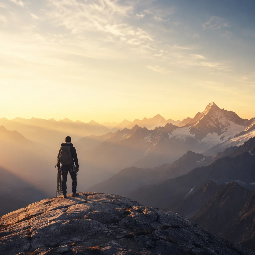 Mountain Climber at Sunrise in Strength