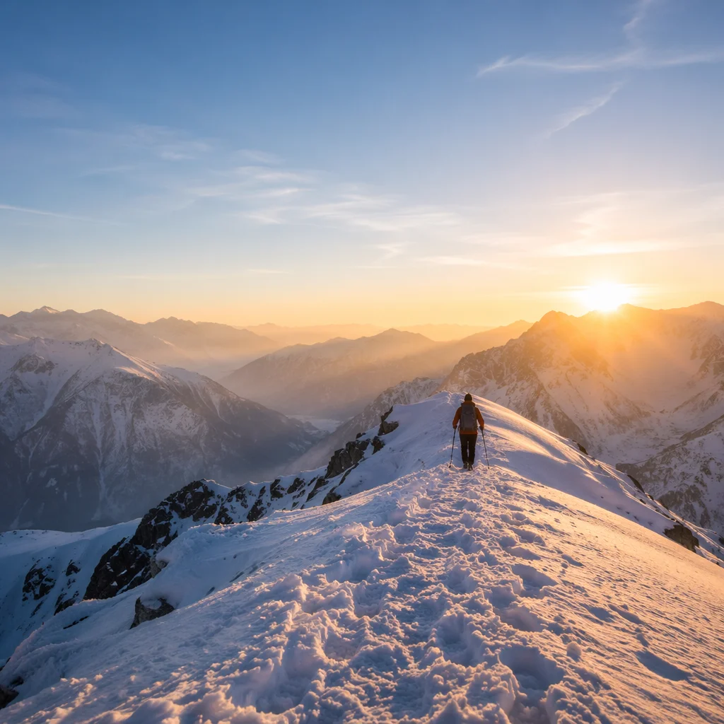 Lone Climber Ascending Toward Sunrise Strength