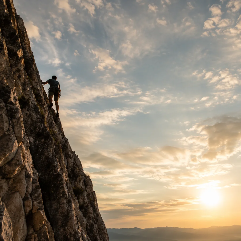 Lone Climber Rising in Hopeful Mountain Light