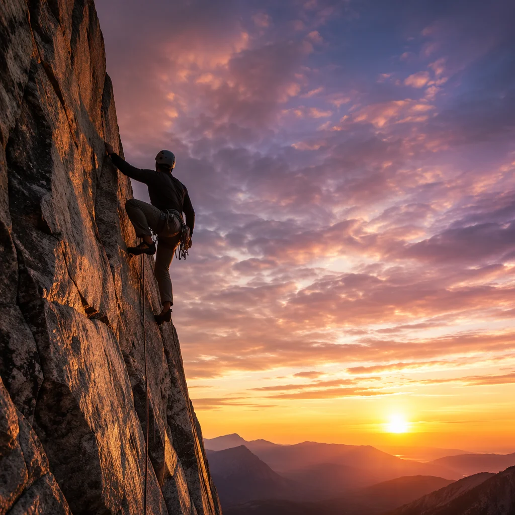 Mountain Climber at Sunset with Strength