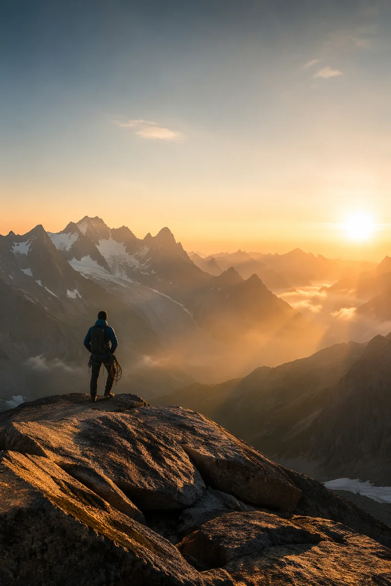 Lone Climber at Sunrise Mountain Peaks