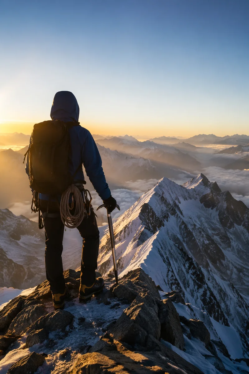 Mountain Climber at Sunrise Strength Background