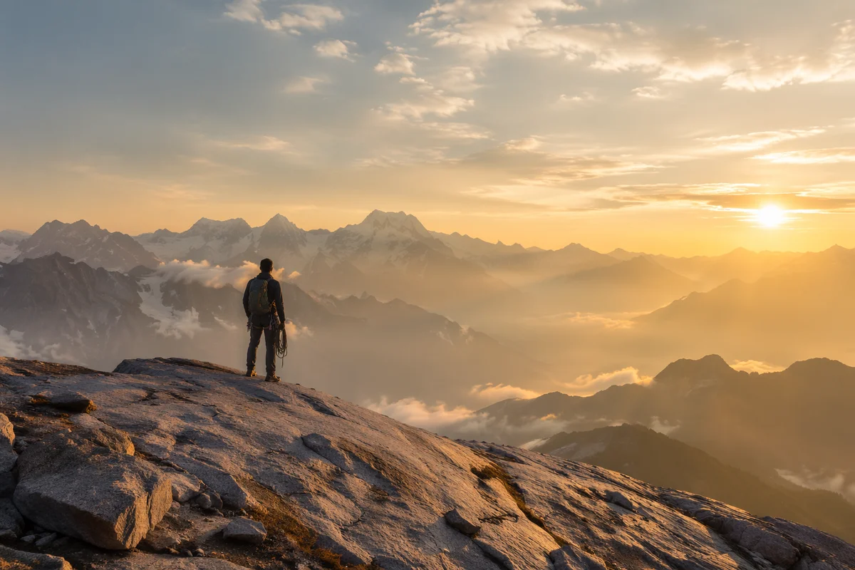 Mountain Climber at Sunrise in Strength