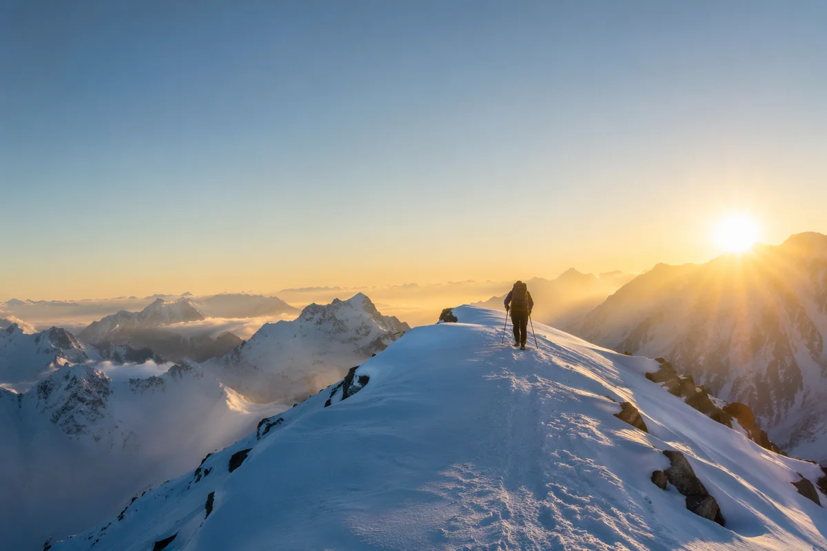 Mountain Climber at Sunrise in Strength