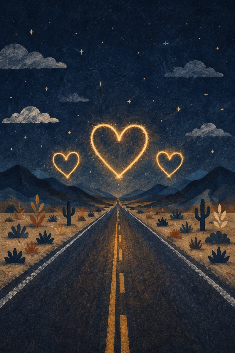 Golden Hearts Over Desert Night Road