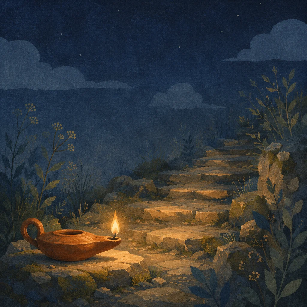 Antique Lamp Lighting a Stone Path