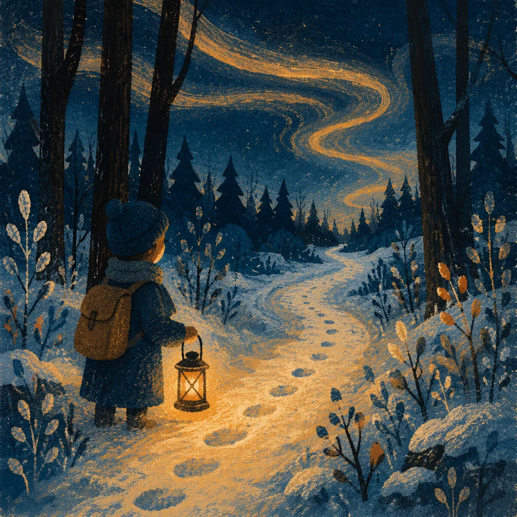 Lantern Lighting a Winter Forest Path