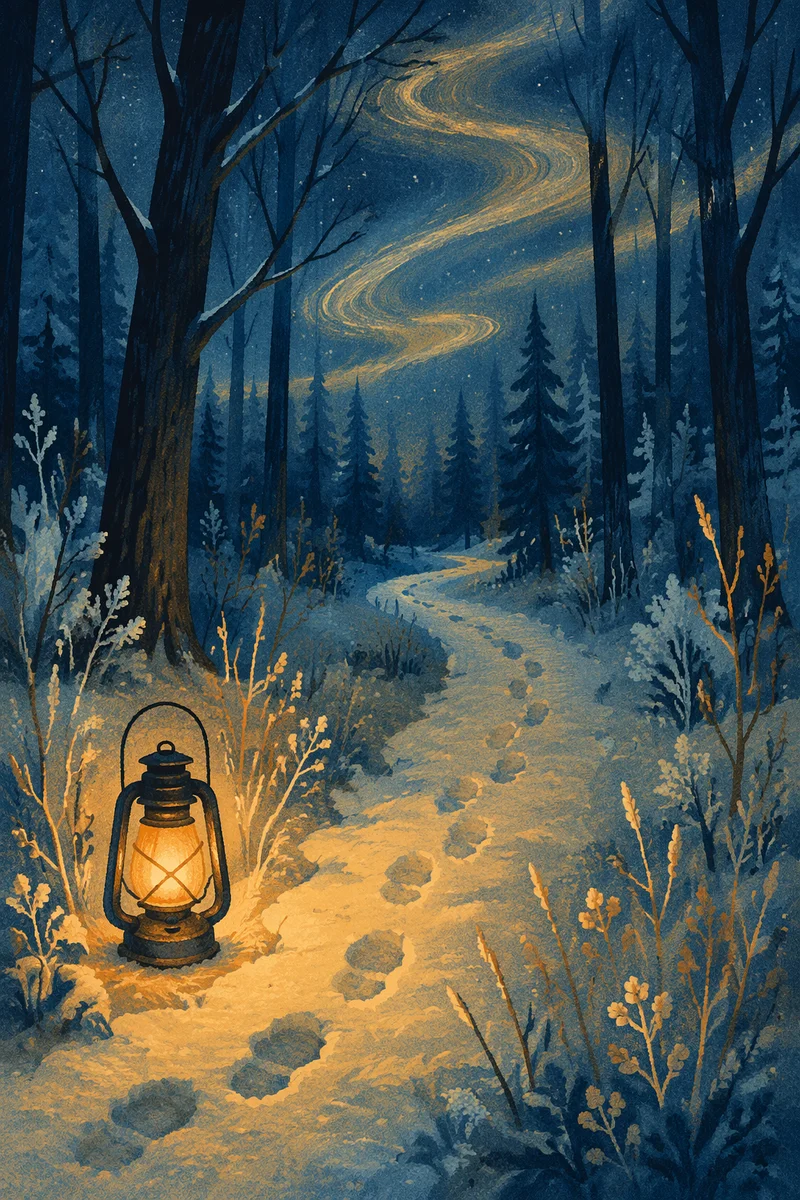 Lantern Lighting a Winter Forest Path