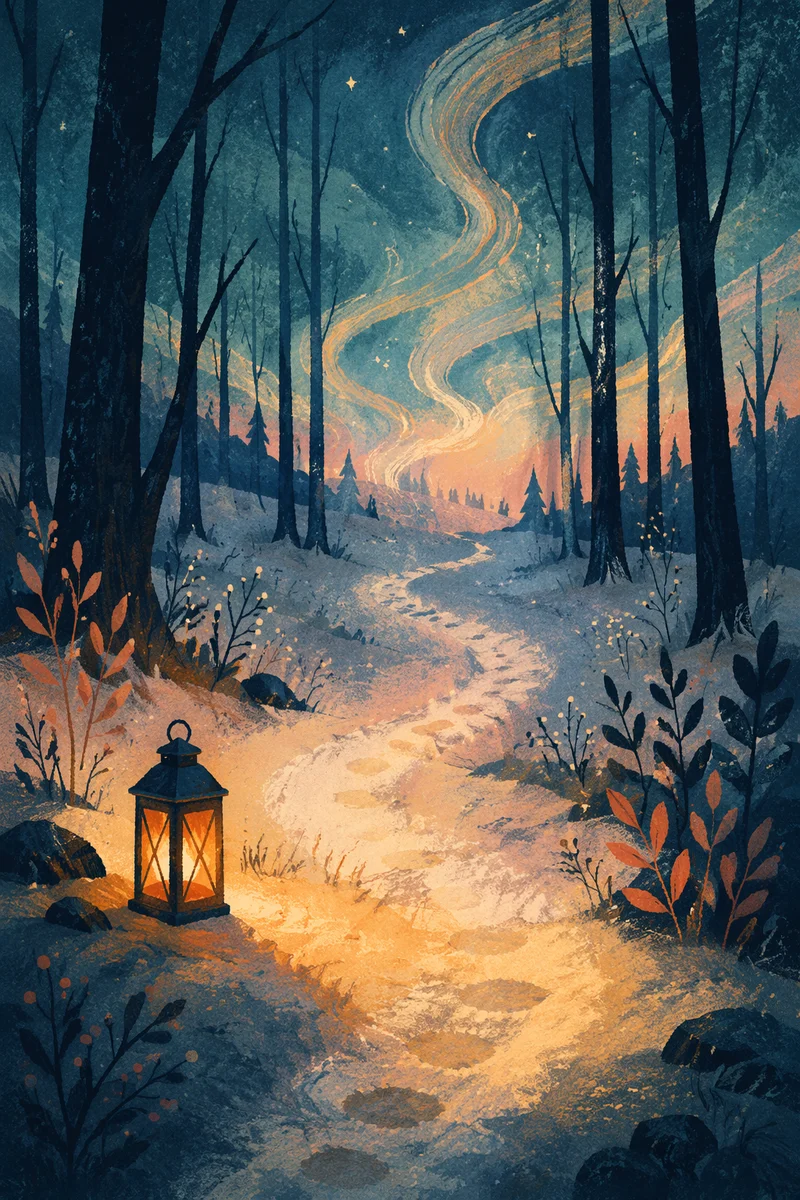 Lantern Lighting a Winter Forest Path