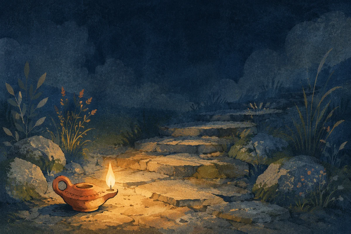 Antique Lamp Lighting a Stone Path
