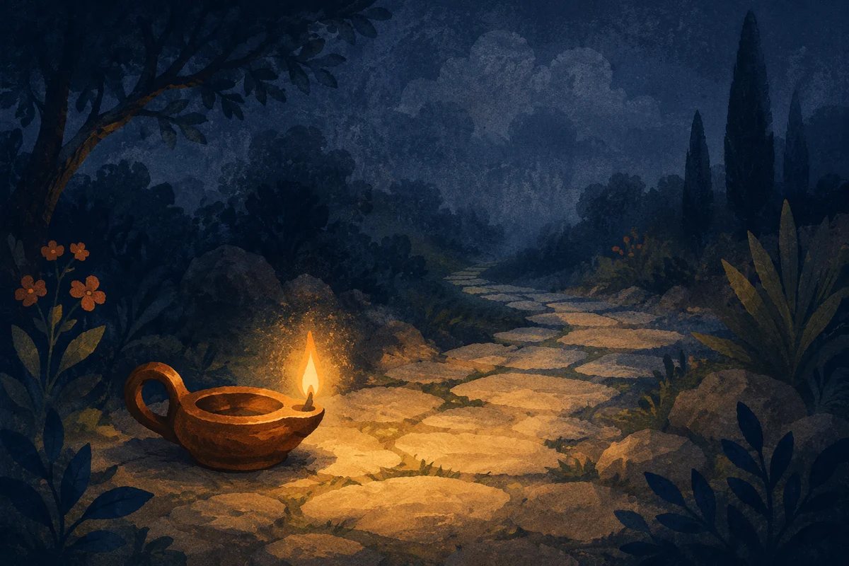 Lamp Lighting a Stone Garden Path