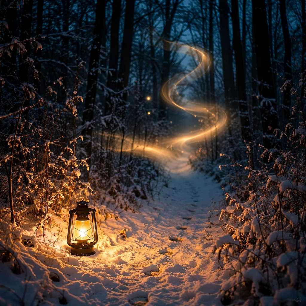 Lantern Lighting Snowy Forest Path at Blue Hour