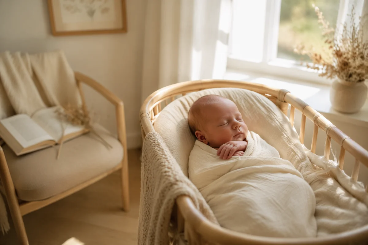 Sleeping Newborn in Sunlit Wooden Bassinet