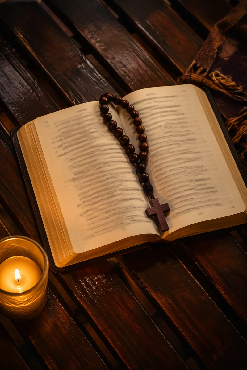 Open Devotional Book with Prayer Beads