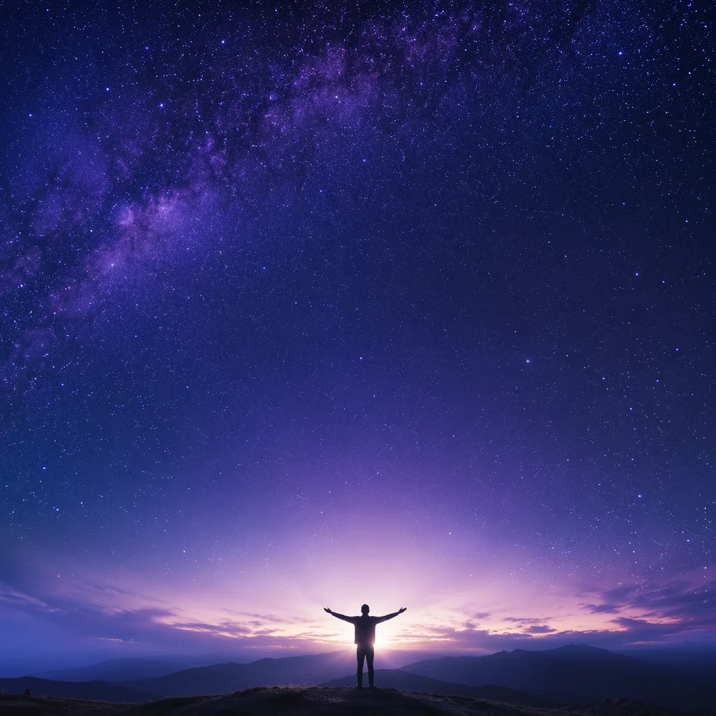 Silhouette Beneath Purple Blue Galaxy Sky
