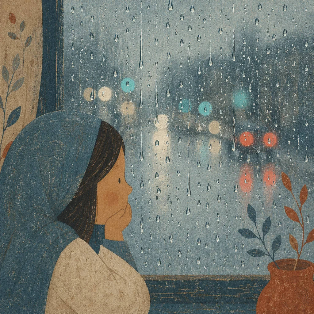 Rain Droplets Over Blurred City Lights