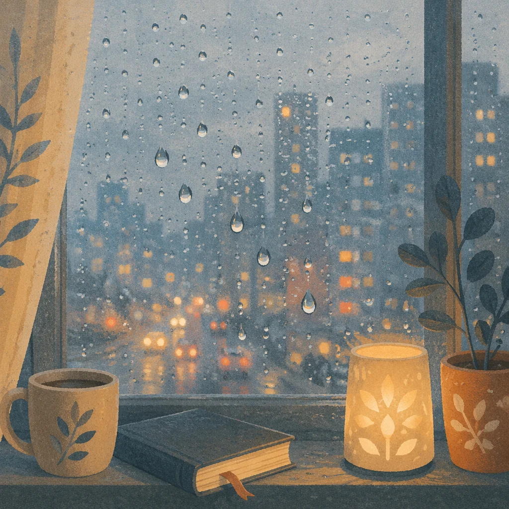 Rain Droplets on Window at Dusk