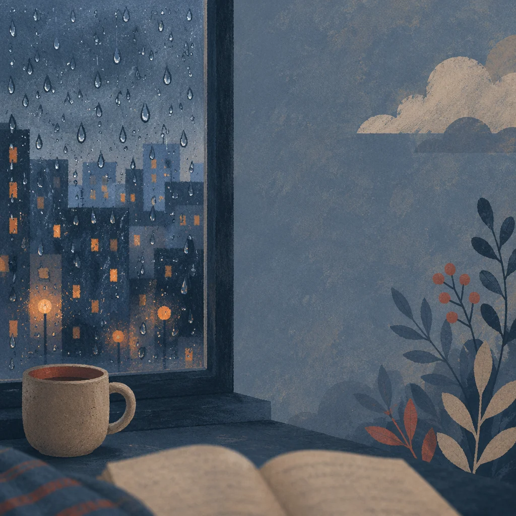 Prayerful Rain Droplets Over Blurred City