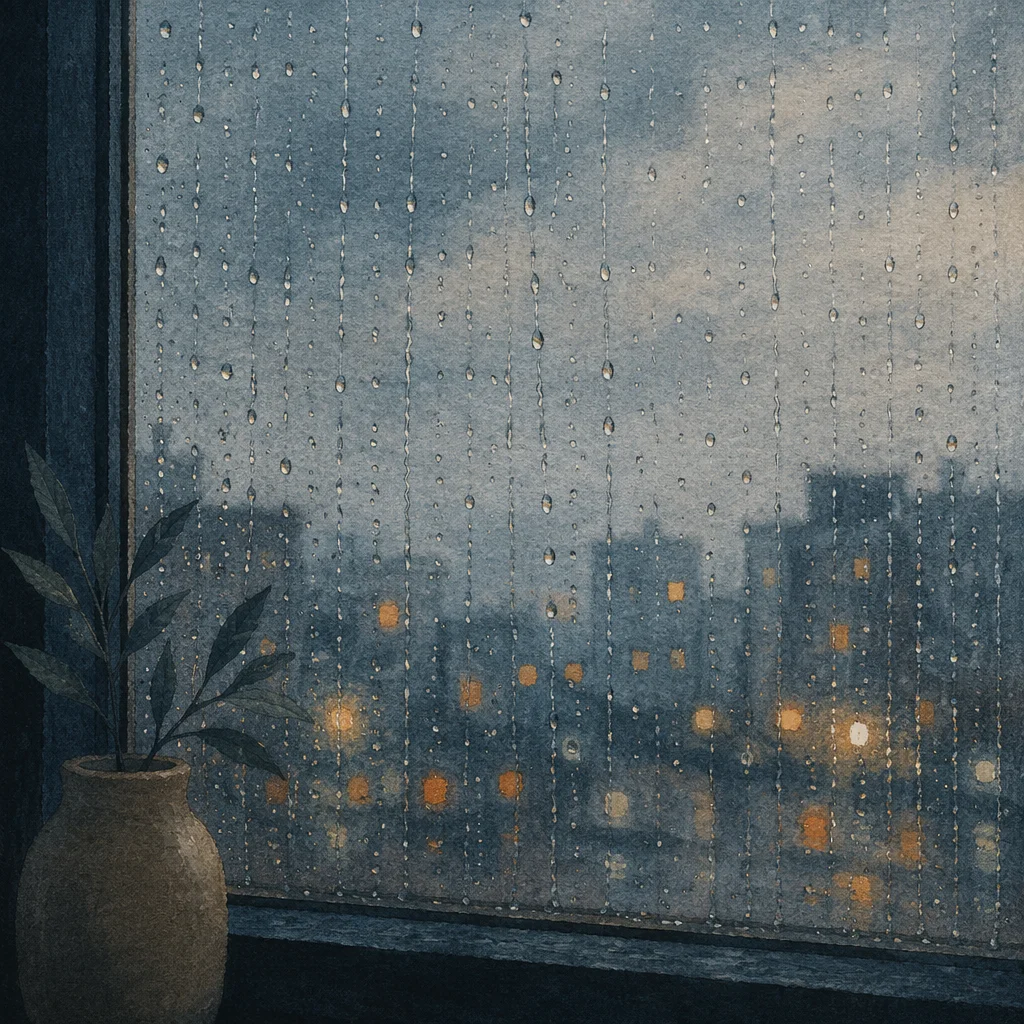 Rainy Window with Blurred Evening City