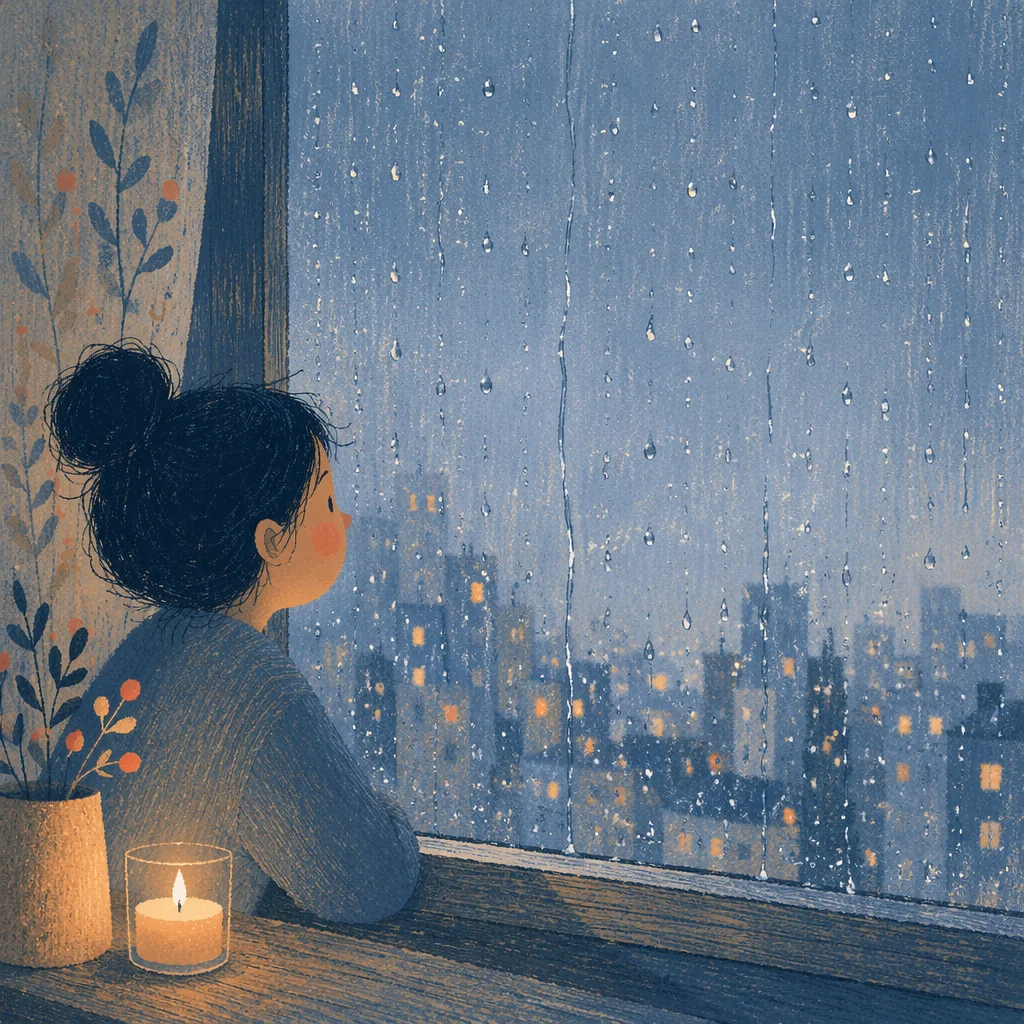 Rainy Window with Candlelit City Bokeh