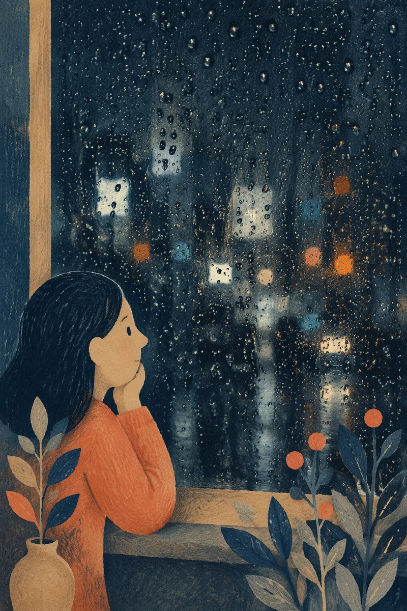 Rainy Window with Blurred City Lights