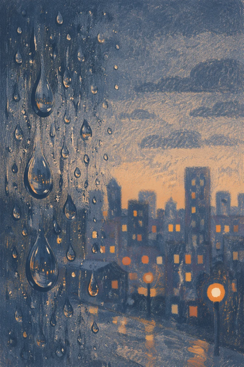 Rainy Window with Blurred City Lights