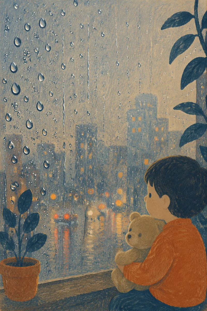 Rainy Window with Blurred City Lights