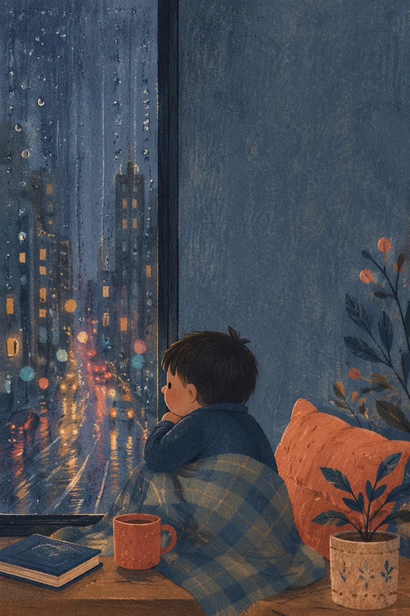 Rainy Window with Blurred City Lights