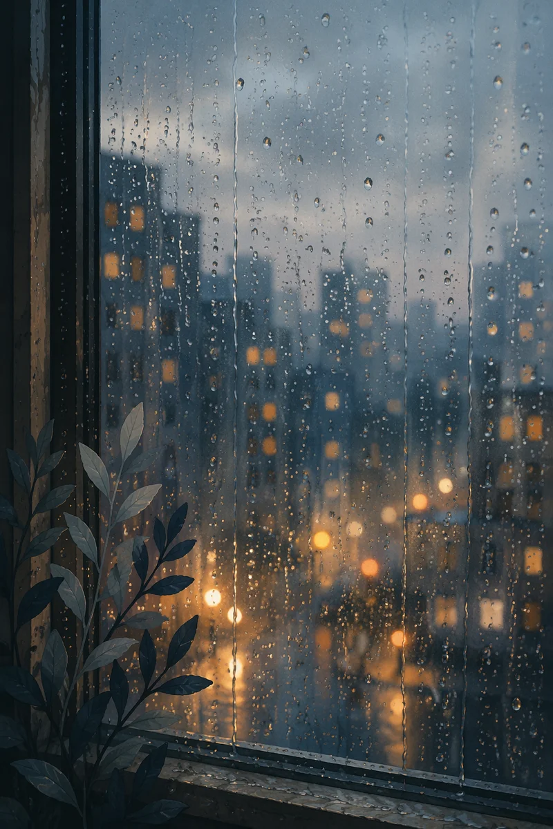 Rain Drops on Evening City Window