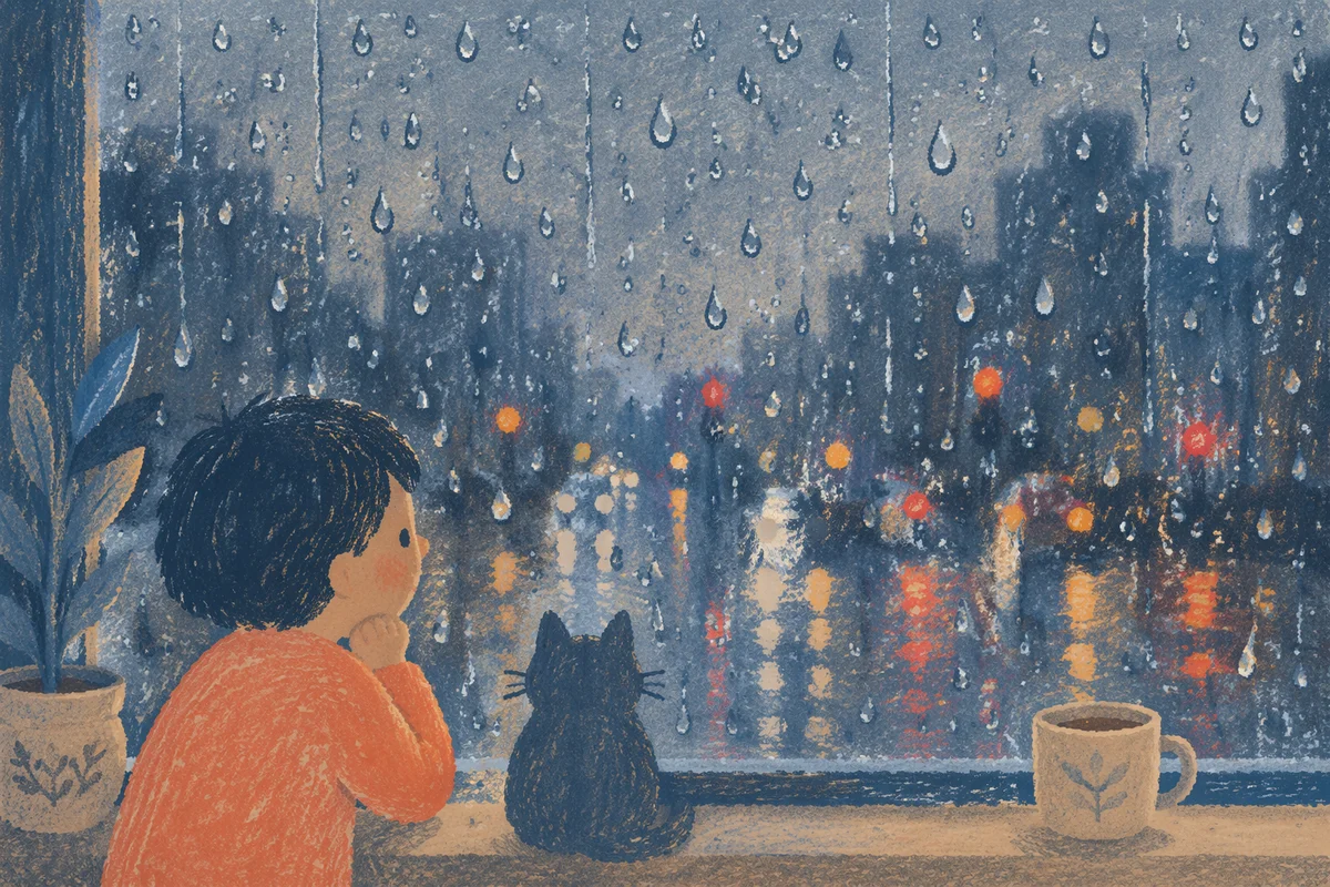 Rainy Window With Blurred City Lights
