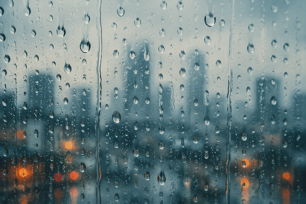 Rain Drops on Blurred City Window
