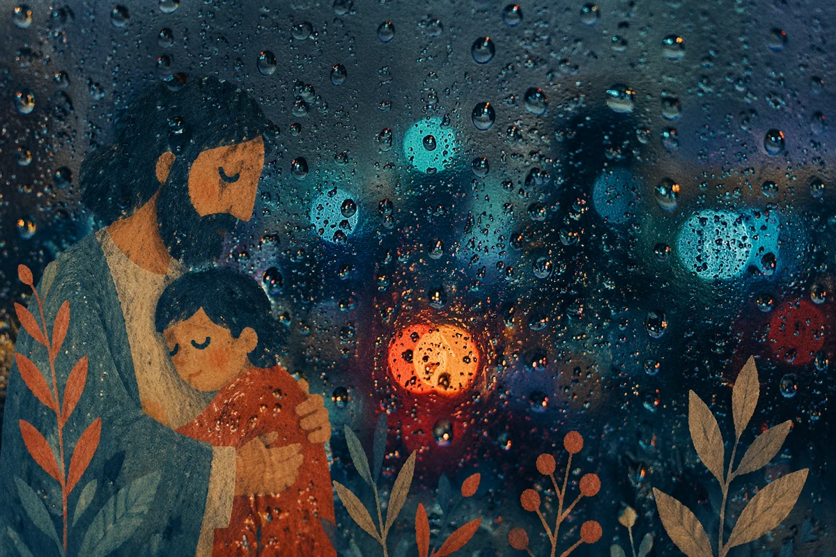Rainy Window with Blurred City Lights