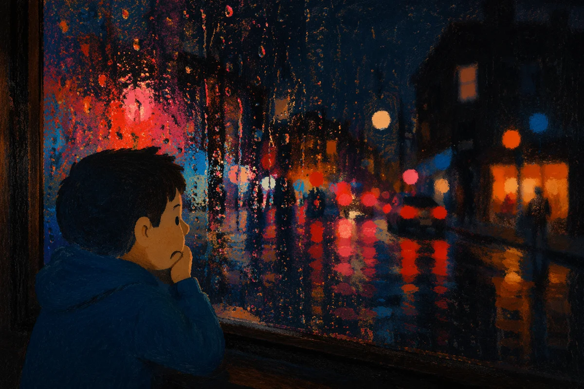 Rainy Window Glass with Blurred City Lights