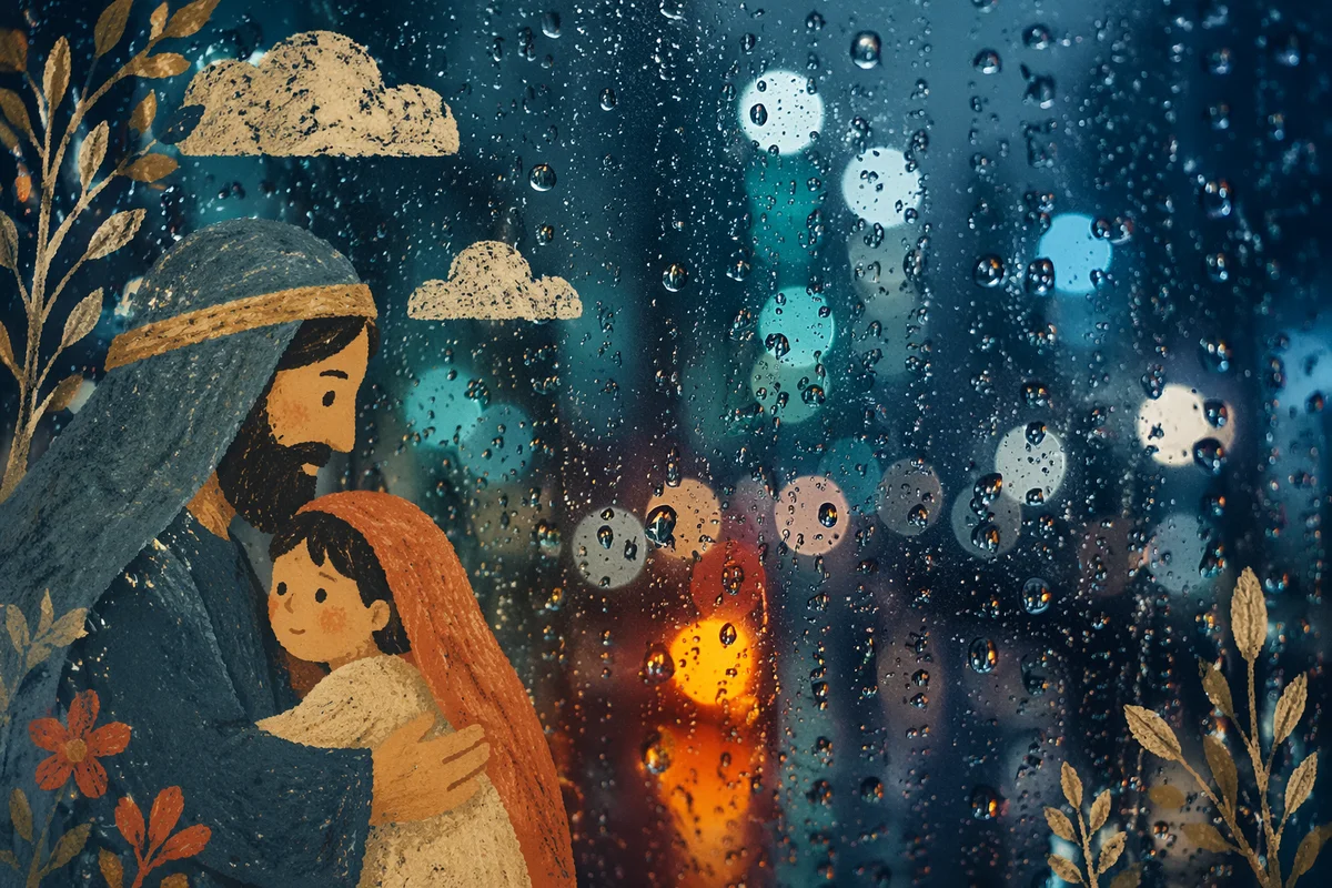 Rainy Window Glass with Blurred City Lights