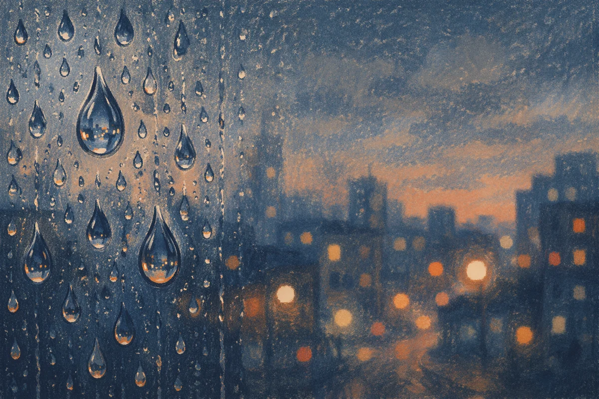 Rainy Window with Blurred City Lights