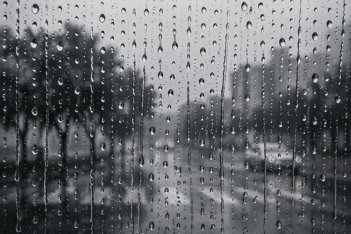 Rain Drops on Window Over Blurred City