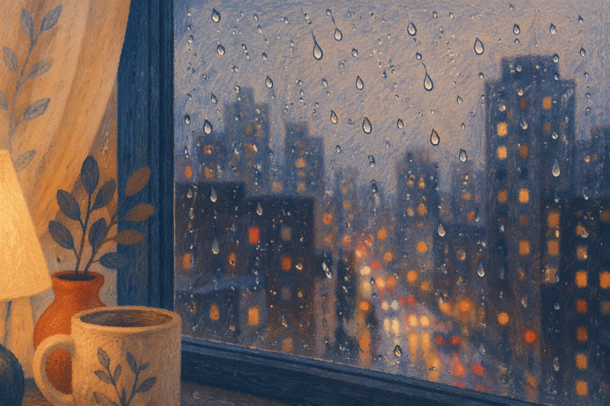 Rainy Window Reflection Over Blurred City