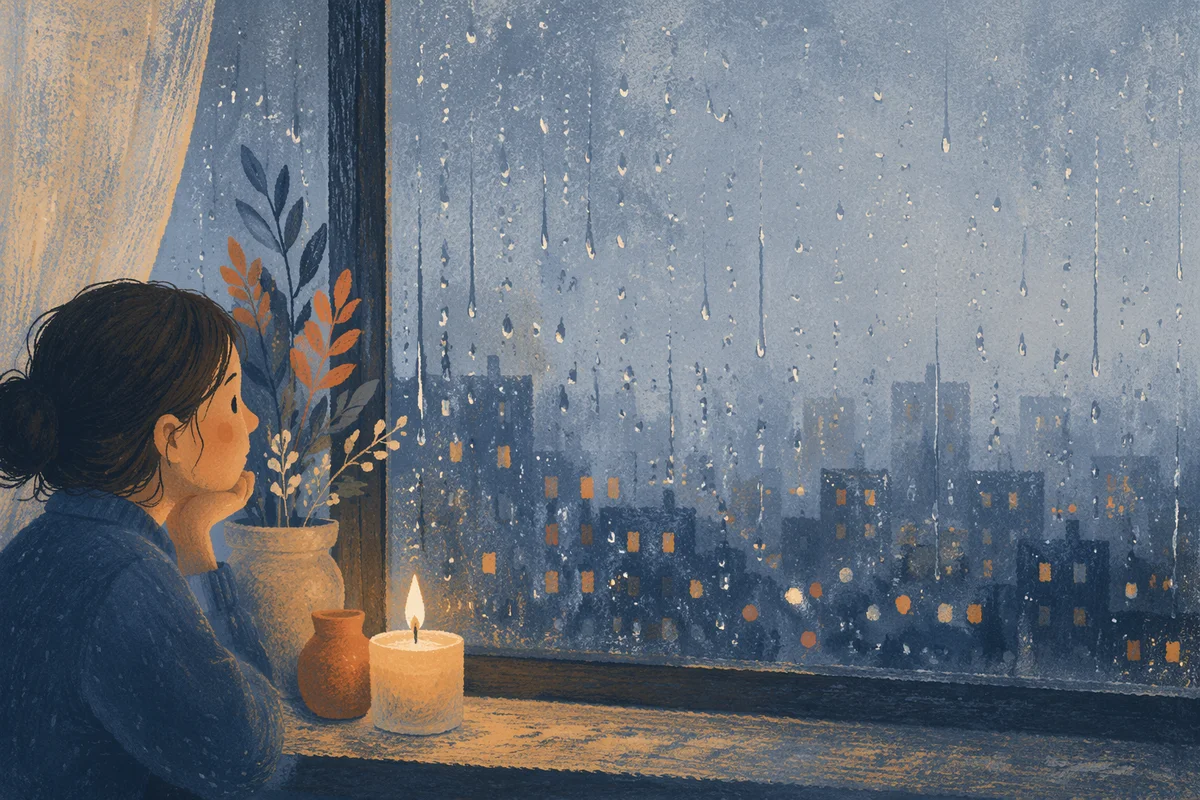 Rainy Window with Candlelit City Bokeh