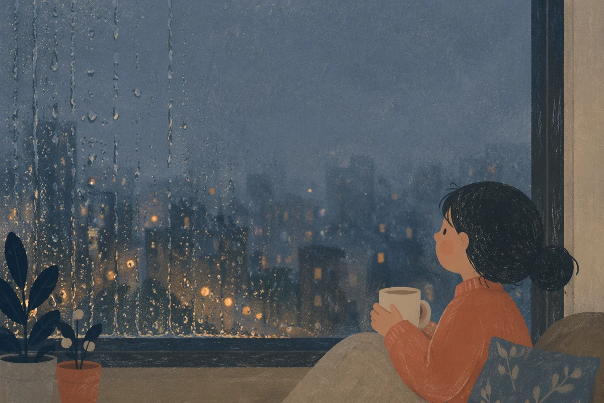 Rainy Window with Blurred Blue Hour City