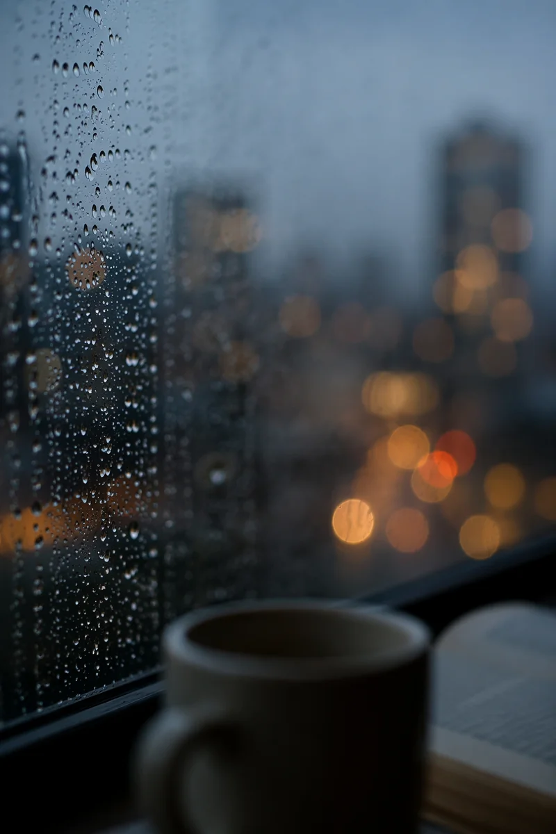 Rainy Window Prayer Background at Blue Hour