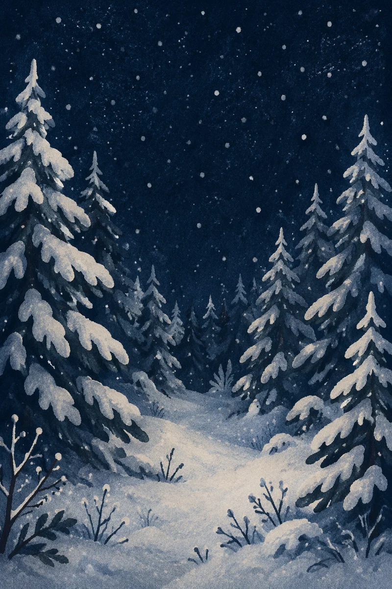 Soft Snowfall Over Dark Evergreen Forest