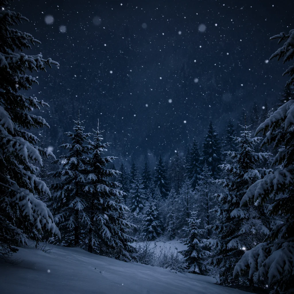 Soft Snowfall Over Twilight Evergreen Forest