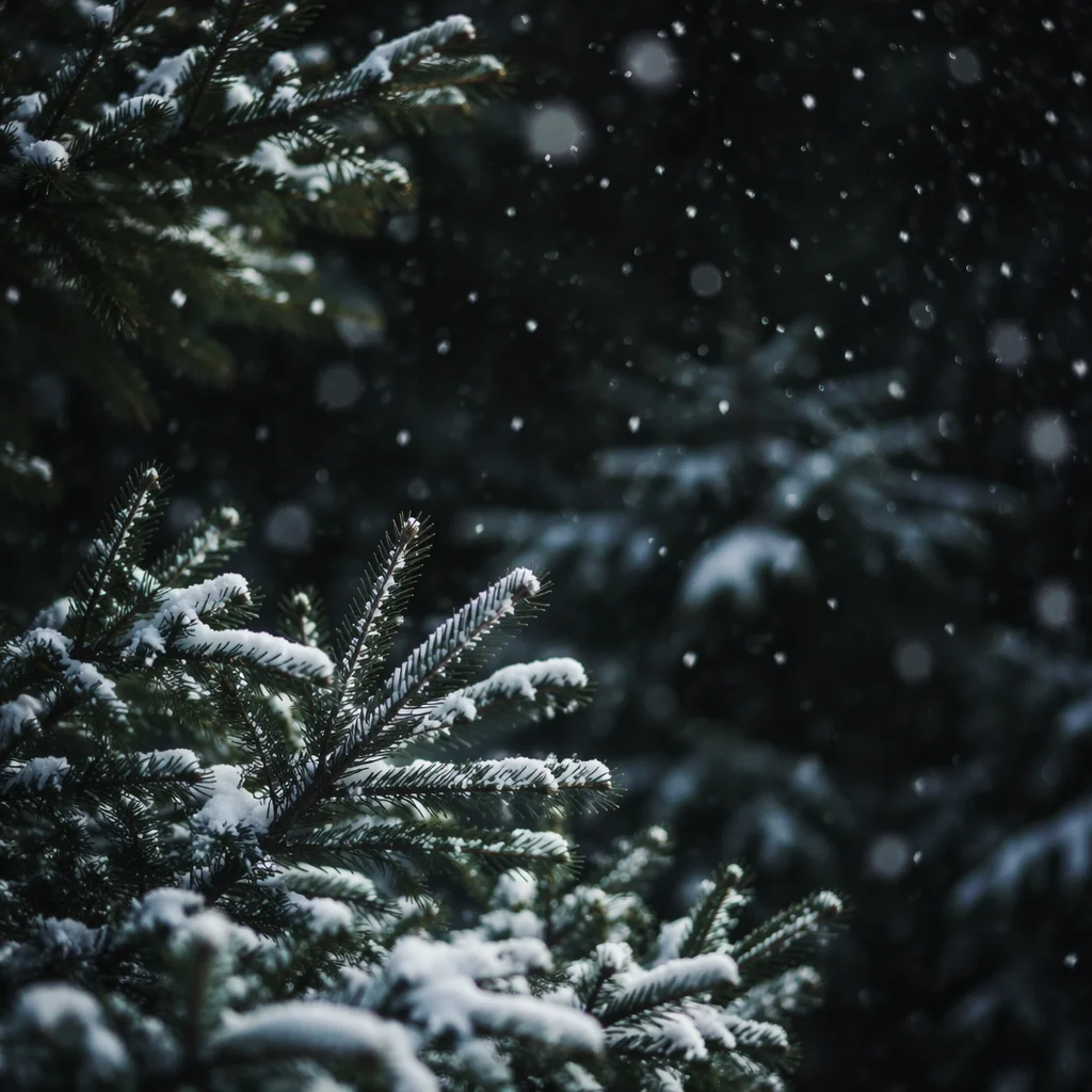 Soft Snowfall Over Dark Christmas Fir Branches