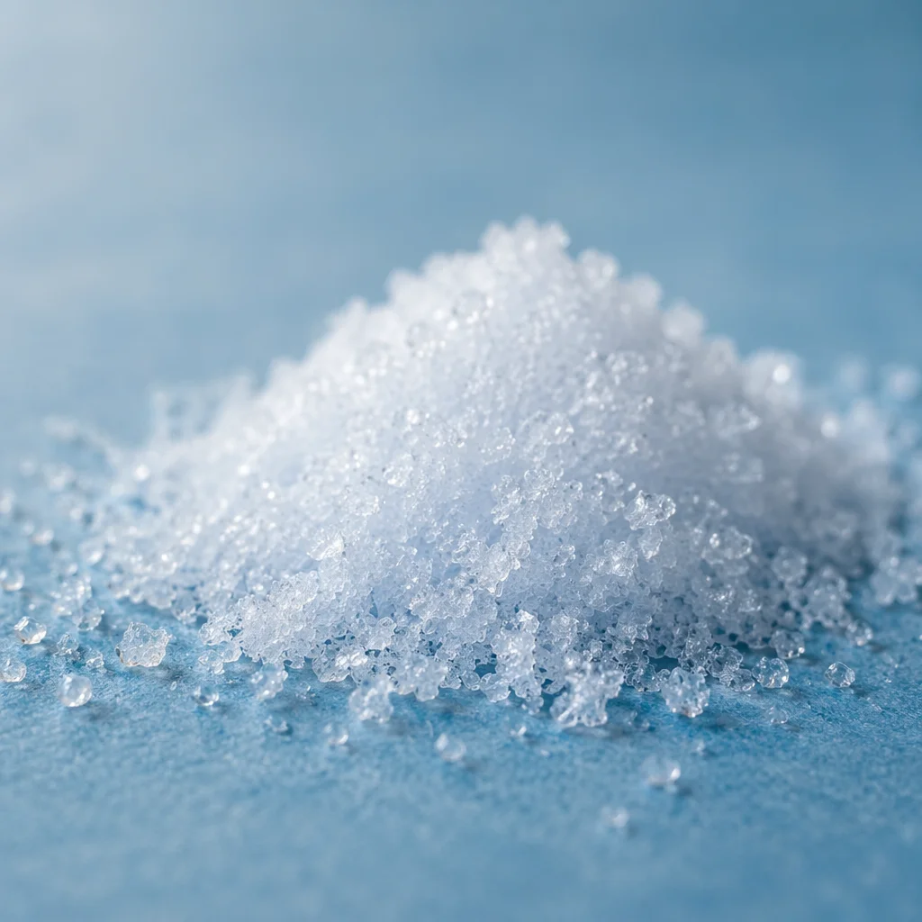 Macro White Snow Crystals on Blue Surface