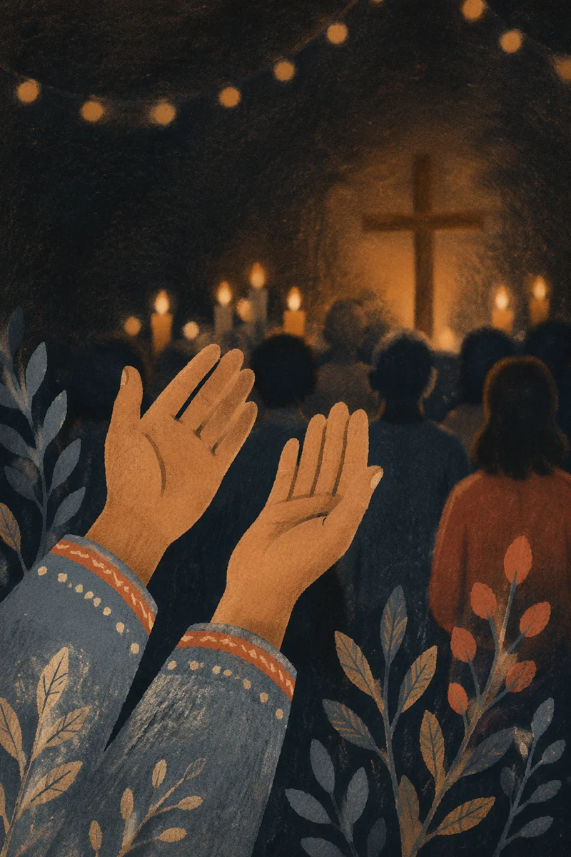 Raised Hands in Dim Chapel Light