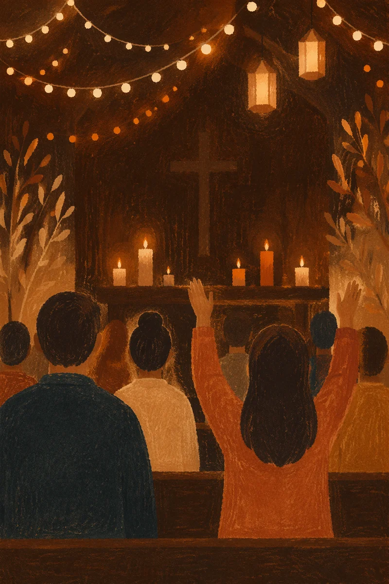 Silhouettes in Chapel with Warm Bokeh